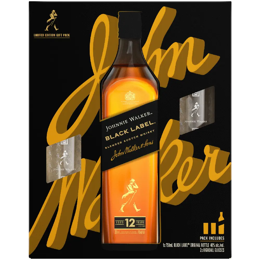 Johnnie Walker BLACK LABEL 12 Years Old in Giftbox with 2 highball glasses